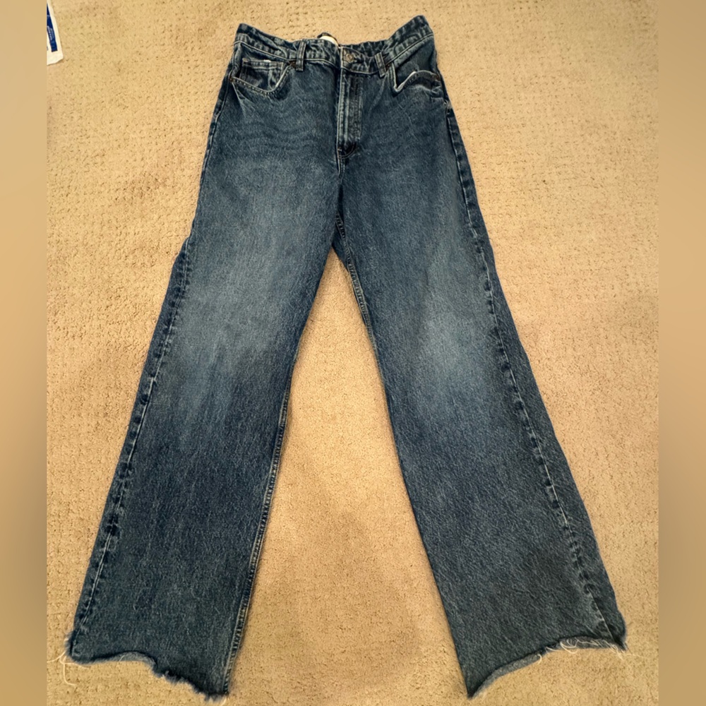 Zara High Rise Flare Jeans Size 12 Raw Hem Wide Leg Denim